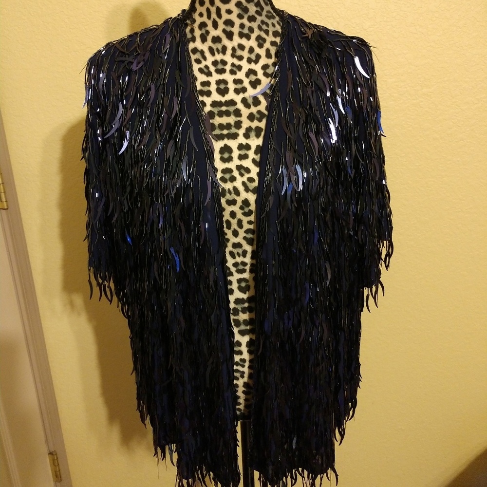 Calypso, dramatic, beaded, midnight navy jacket.